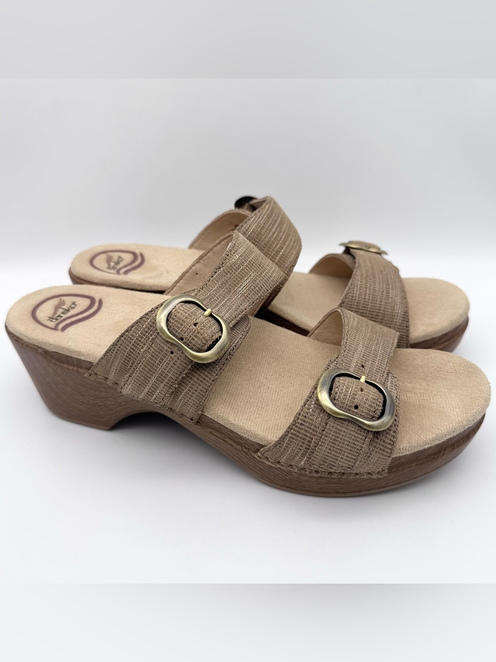 Dansko Sophie Beige Double Buckle Wedge Slide Sandals Women EU 40 US 9.5-10